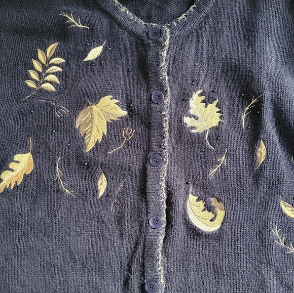 Christopher and Banks Black Button Up Knit Fall Leaves Embroidered Sweater 2003 - Picture 6 of 8
